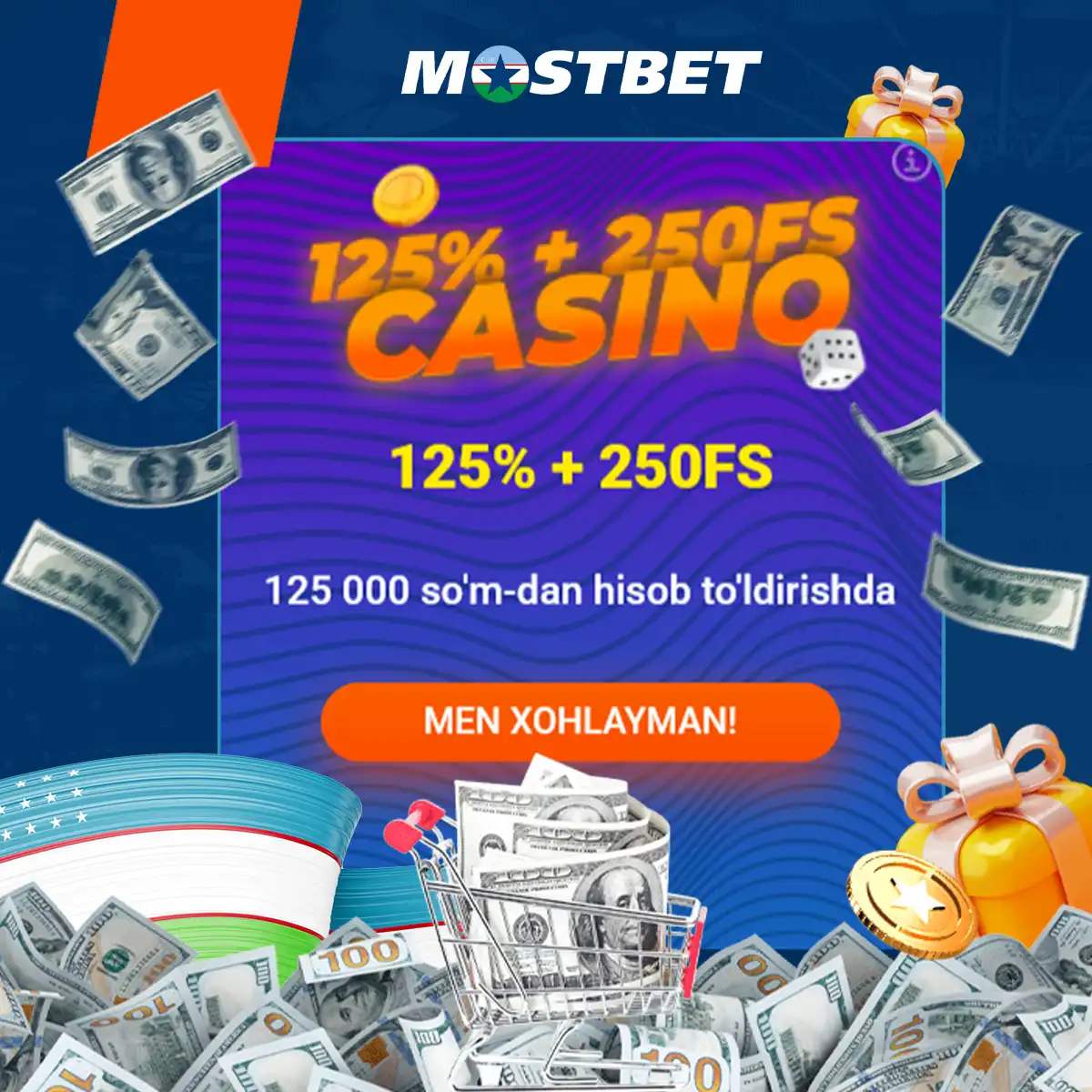 Mostbet provides an impressive 125% welcome bonus for casino players.