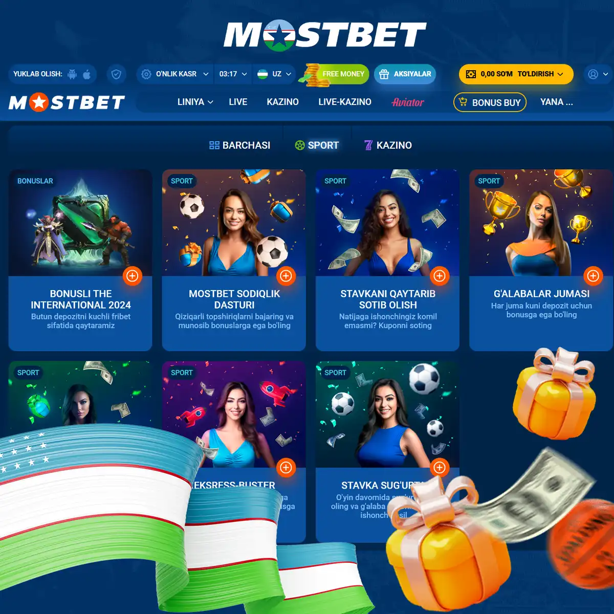 By depositing into your Mostbet account, you can receive a remarkable 125% welcome bonus for sports betting and 250 free spins for the online casino (plus 5 free spins for Aviator). The minimum amount that needs to be transferred to the bookmaker’s account is no less than 125,000 UZS. The bonus must be wagered five times.